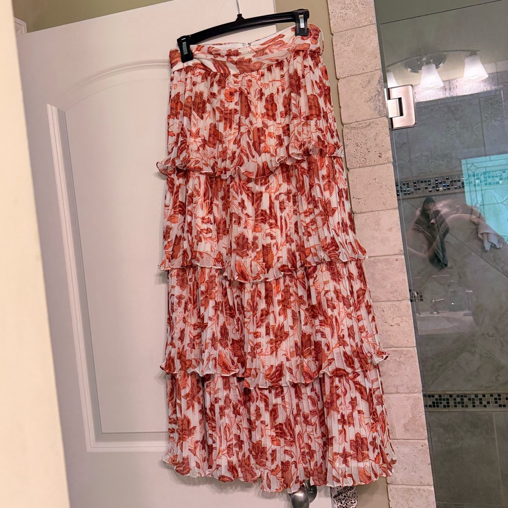 ANTONIO MELANI Burnt Orange and White Floral Tiered Maxi Skirt